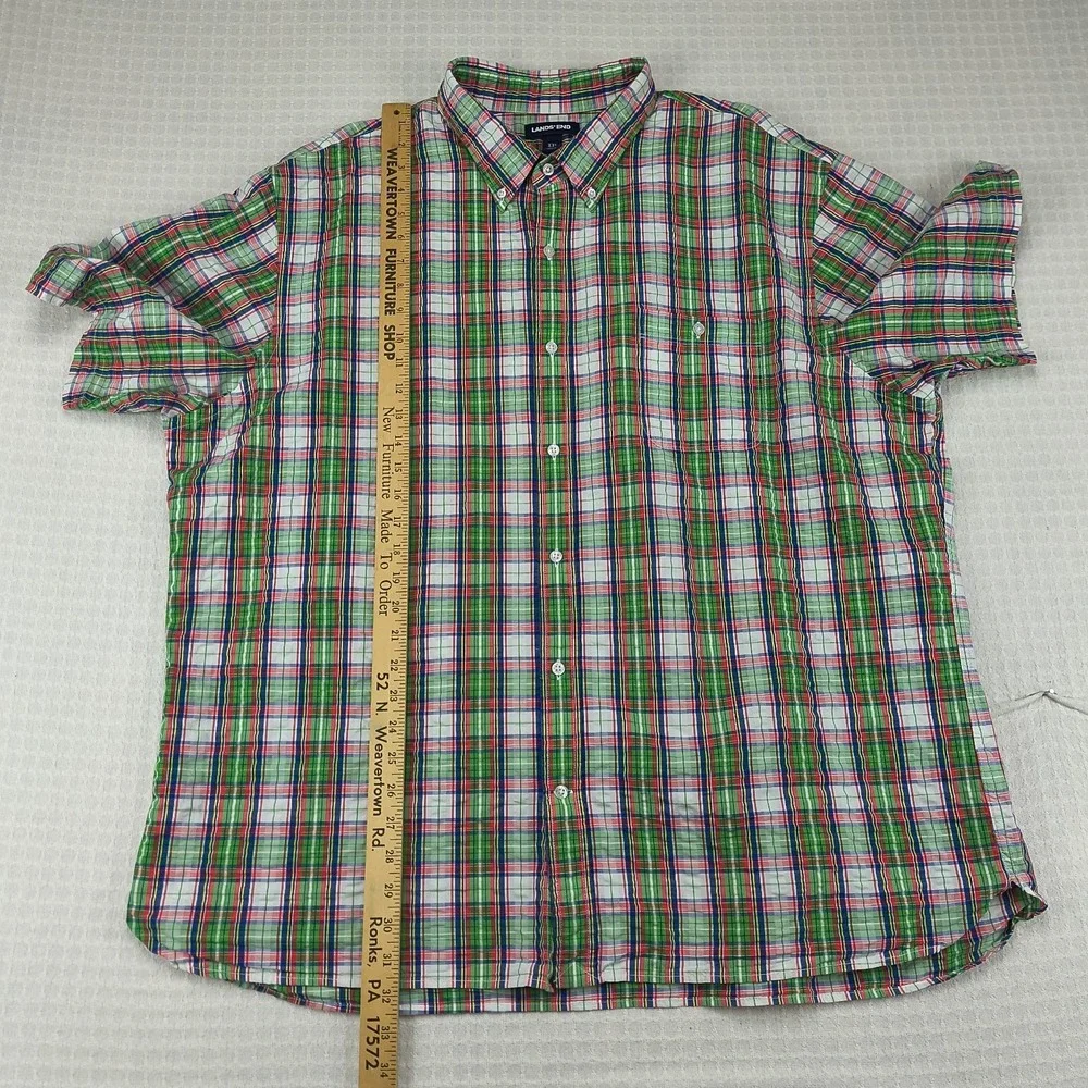 Lands End Men XXL Traditional Fit Short Sleeve Button Down Plaid Shirt Green Red